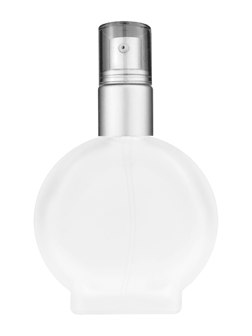 Circle design 50 ml, 1.7oz  frosted glass bottle with  with a matte silver collar treatment pump and clear overcap.