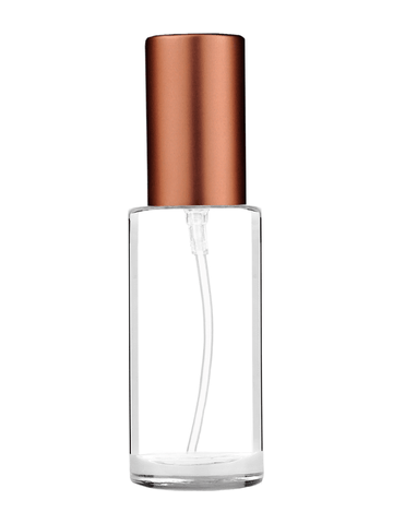 Cylinder design 30 ml 1oz  clear glass bottle  with matte copper lotion pump.