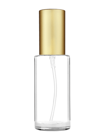 Cylinder design 30 ml 1oz  clear glass bottle  with matte gold lotion pump.