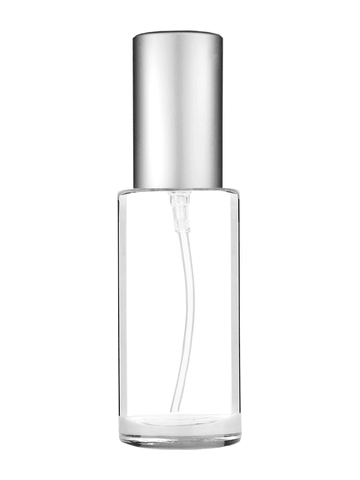 Cylinder design 30 ml 1oz  clear glass bottle  with matte silver lotion pump.