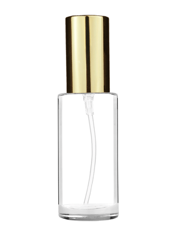 Cylinder design 30 ml 1oz  clear glass bottle  with shiny gold lotion pump.