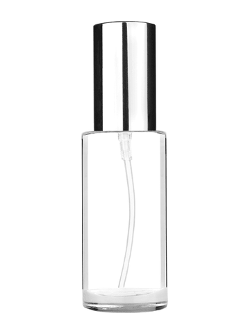 Cylinder design 30 ml 1oz  clear glass bottle  with shiny silver lotion pump.