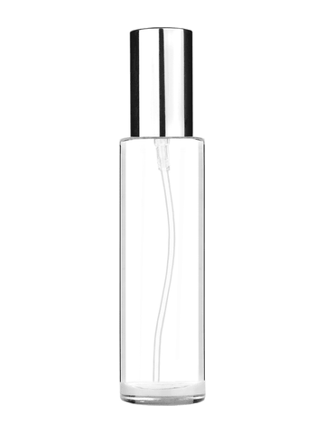 Cylinder design 50 ml, 1.7oz  clear glass bottle  with shiny silver lotion pump.