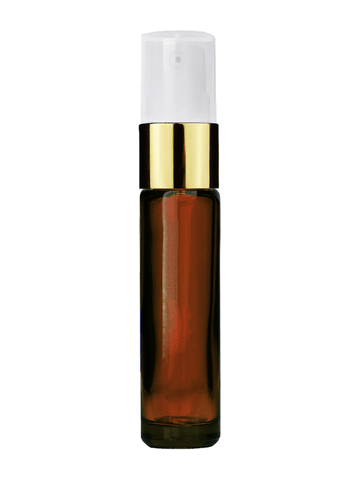 Cylinder design 9ml,1/3 oz amber glass bottle with treatment pump with gold trim and plastic overcap.