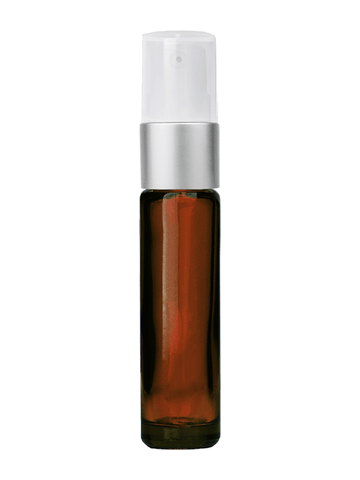 Cylinder design 9ml,1/3 oz amber glass bottle with treatment pump with matte silver trim plastic overcap.