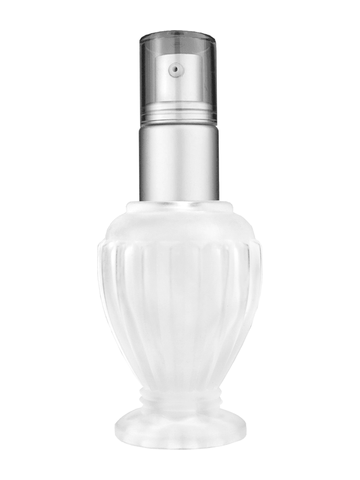 Diva design 30 ml, 1oz frosted glass bottle with with a matte silver collar treatment pump and clear overcap.