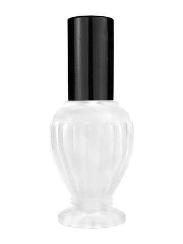 Diva design 30 ml, 1oz frosted glass bottle with shiny black lotion pump.