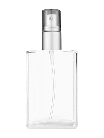 Elegant design 100 ml, 3 1/2oz  clear glass bottle  with with a matte silver collar treatment pump and clear overcap.