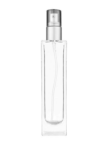 Sleek design 100 ml, 3 1/2oz  clear glass bottle  with with a matte silver collar treatment pump and clear overcap.
