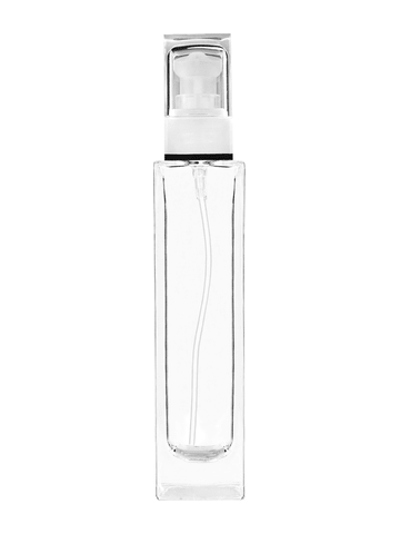 Sleek design 100 ml, 3 1/2oz  clear glass bottle  with white rectangular with clear over the cap.