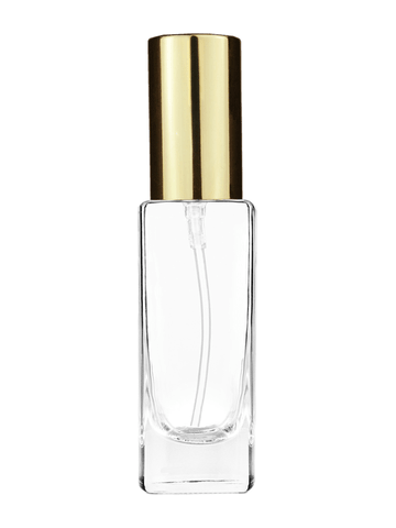 Slim design 30 ml, 1oz  clear glass bottle  with shiny gold lotion pump.