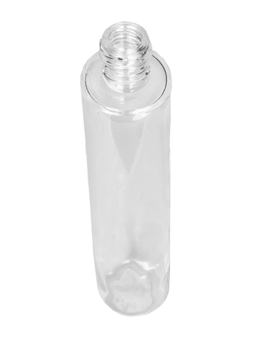 Cylinder design 100 ml, 3 1/2oz  clear glass bottle  with reducer and light brown faux leather cap.