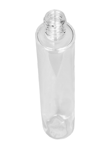 Cylinder design 100 ml, 3 1/2oz clear glass bottle with reducer and black shiny cap.