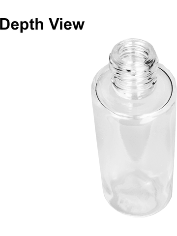 Cylinder design 25 ml 1oz  clear glass bottle  with reducer and black faux leather cap.