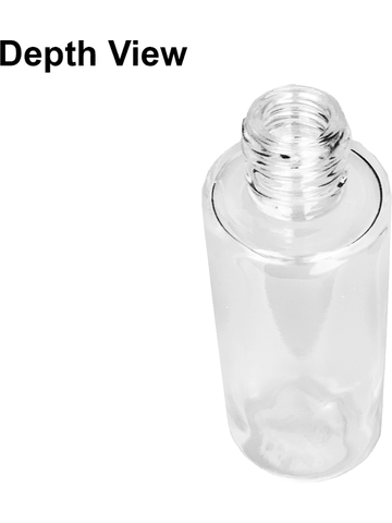Cylinder design 25 ml 1oz  clear glass bottle  with reducer and light brown faux leather cap.