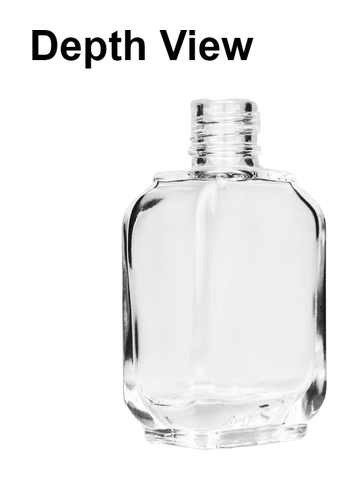 Footed rectangular design 10ml, 1/3oz Clear glass bottle with plastic roller ball plug and silver cap with dots.