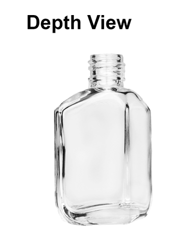 Royal design 13ml, 1/2oz Clear glass bottle with short black cap.