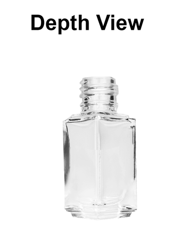 Sleek design 5ml, 1/6oz Clear glass bottle with short black cap.