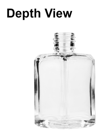 Square design 15ml, 1/2oz Clear glass bottle with shiny silver cap.