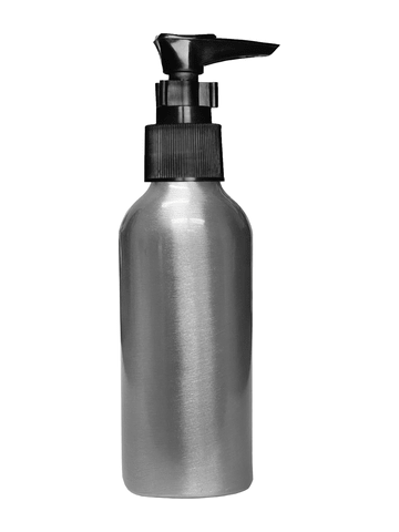 Empty brushed aluminum Cylinder bottle with lotion black. Capacity: 120 ml, 4oz