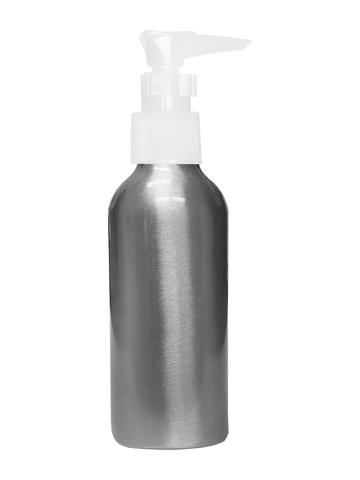 Empty brushed aluminum Cylinder bottle with lotion white. Capacity: 120 ml, 4oz