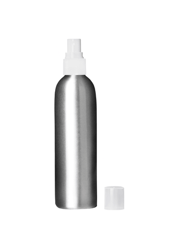 Cylinder shaped, matte aluminum 250 ml bottle with white sprayer.