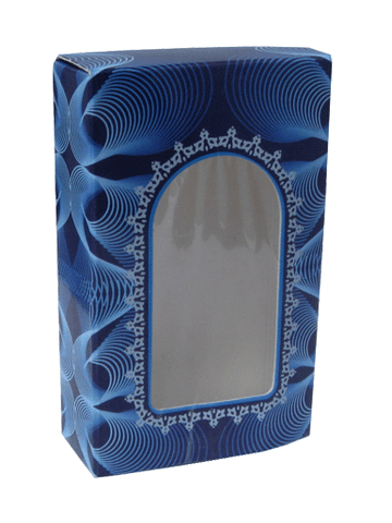 Blue Spiral design folding carton box with window. Size 0.75