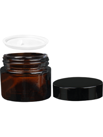 Glass, cream jar style 40 ml amber bottle with black cap.