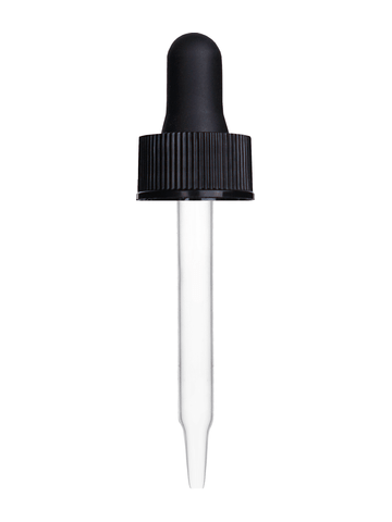 Black rubber bulb dropper with black cap. Glass stem length is 66 mm, Thread size 18-400