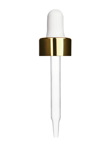 White rubber bulb dropper with shiny gold collar cap. Glass stem length is 66 mm, Thread size 18-400