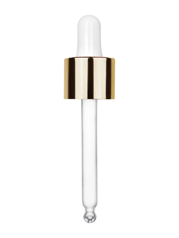 White rubber bulb dropper with shiny gold collar cap. Thread size 18-415