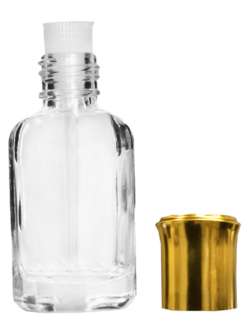 Octagonal style 12 ml glass bottle with shiny gold cap and red bead.