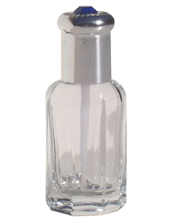 Octagonal style 12 ml glass bottle with shiny silver cap and red bead.