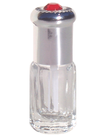 Octagonal style 3 ml glass bottle with shiny silver cap and red bead.