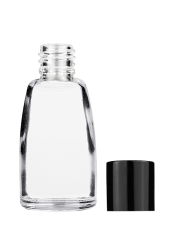 Empty Clear glass bottle with short shiny black cap capacity: 12ml, 1/2oz. For use with perfume or fragrance oil, essential oils, aromatic oils and aromatherapy.