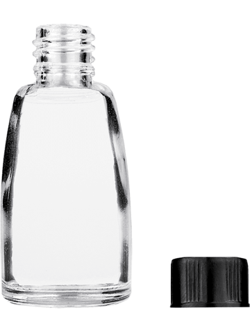 Bell design 12ml, 1/2oz Clear glass bottle with short black cap.
