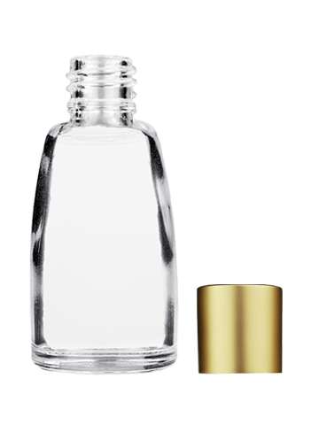 Empty Clear glass bottle with short matte gold cap capacity: 12ml, 1/2oz. For use with perfume or fragrance oil, essential oils, aromatic oils and aromatherapy.