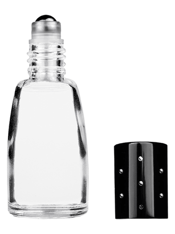 Bell design 12ml, 1/2oz Clear glass bottle with metal roller ball plug and black shiny cap with dots.