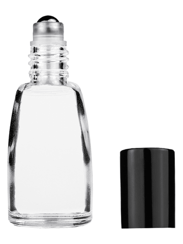 Bell design 12ml, 1/2oz Clear glass bottle with metal roller ball plug and black shiny cap.