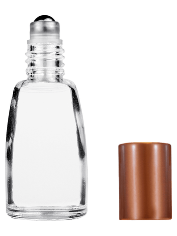 Bell design 12ml, 1/2oz Clear glass bottle with metal roller ball plug and matte copper cap.