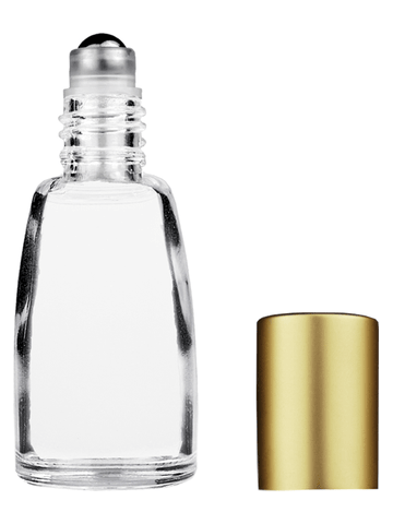 Bell design 12ml, 1/2oz Clear glass bottle with metal roller ball plug and matte gold cap.