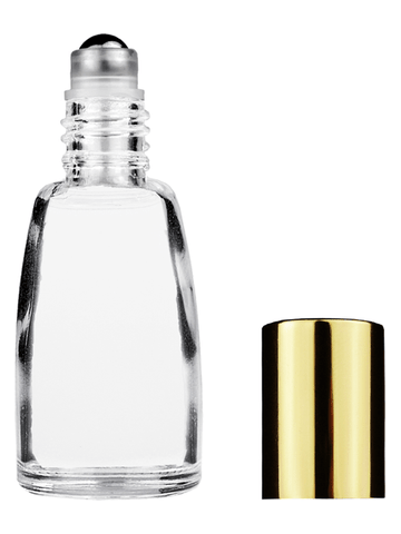 Bell design 12ml, 1/2oz Clear glass bottle with metal roller ball plug and shiny gold cap.