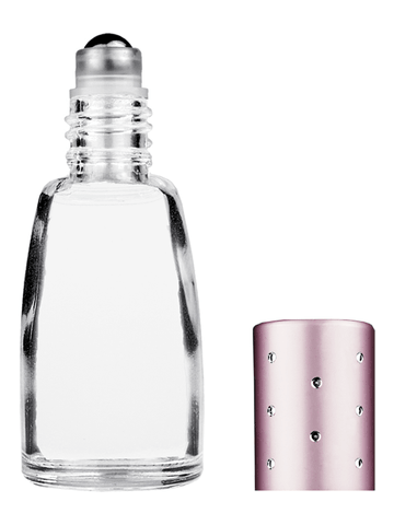Bell design 12ml, 1/2oz Clear glass bottle with metal roller ball plug and pink cap with dots.