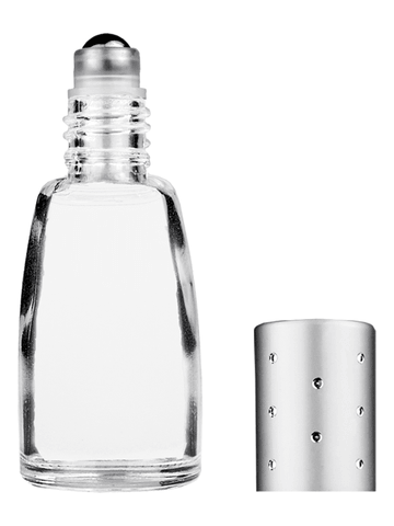 Bell design 12ml, 1/2oz Clear glass bottle with metal roller ball plug and silver cap with dots.