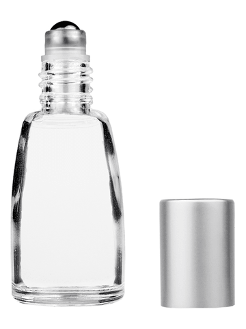Bell design 12ml, 1/2oz Clear glass bottle with metal roller ball plug and matte silver cap.