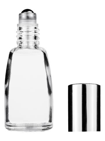Bell design 12ml, 1/2oz Clear glass bottle with metal roller ball plug and shiny silver cap.