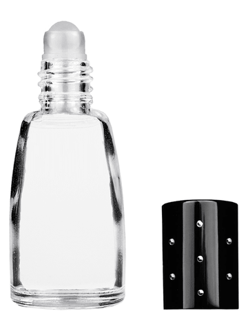 Bell design 12ml, 1/2oz Clear glass bottle with plastic roller ball plug and black shiny cap with dots.