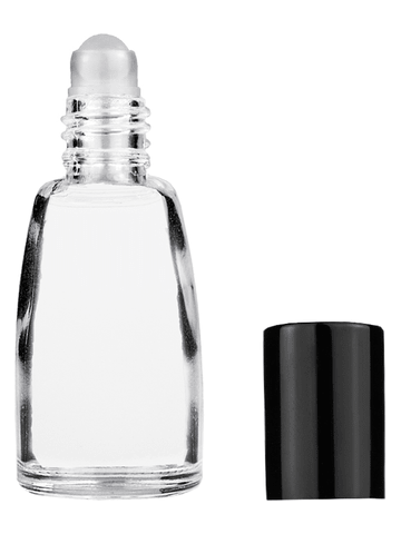 Bell design 12ml, 1/2oz Clear glass bottle with plastic roller ball plug and black shiny cap.