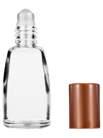 Bell design 12ml, 1/2oz Clear glass bottle with plastic roller ball plug and matte copper cap.