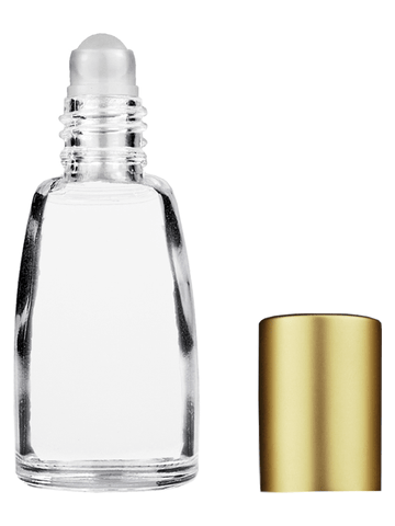 Bell design 12ml, 1/2oz Clear glass bottle with plastic roller ball plug and matte gold cap.